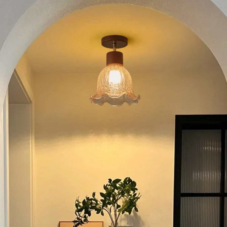 Afralia™ Amber Ice Crack Glass Wood Ceiling Light - Nordic Modern LED Fixture