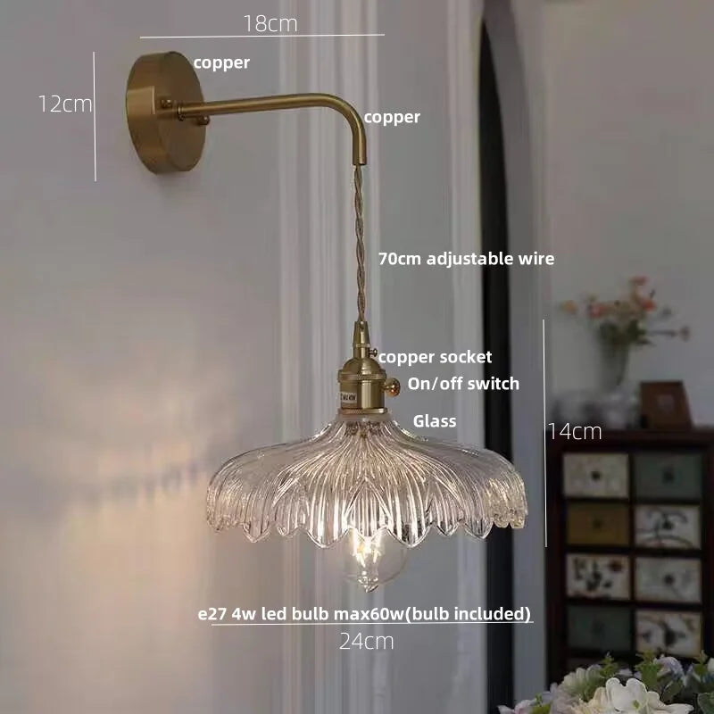Afralia™ Amber Vintage LED Wall Light Glass Copper Pull Chain Switch Hallway Lamp