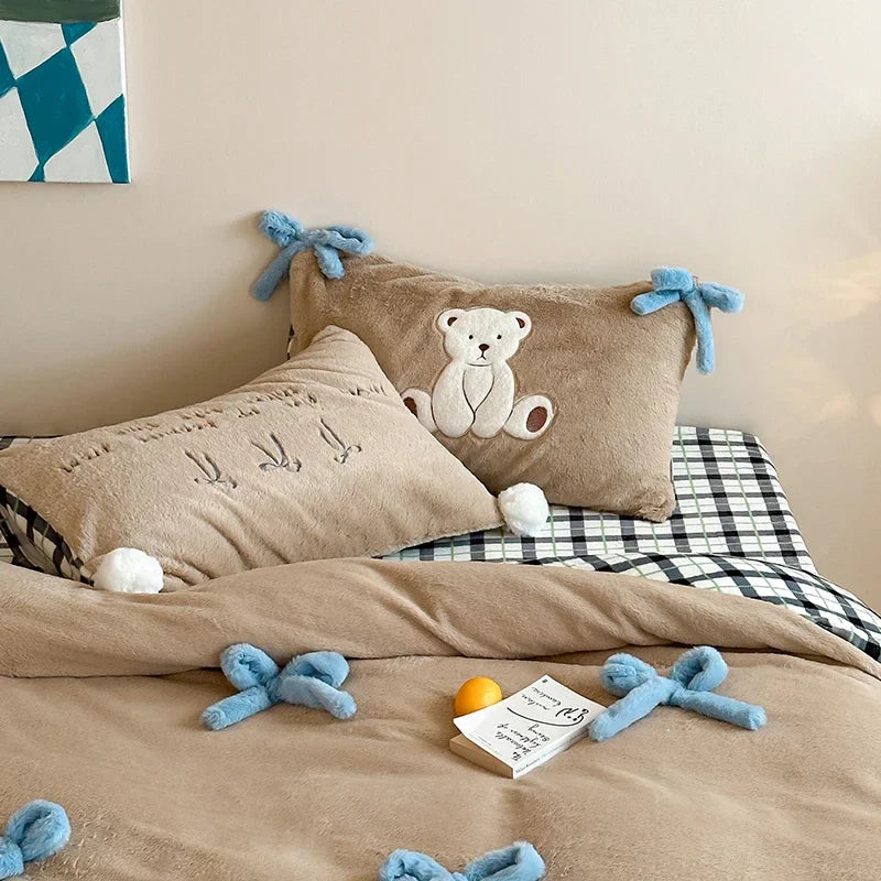 Afralia™ Bow-knot Embroidered Velvet Duvet Bedding Set cozy winter bedding with pillowcase