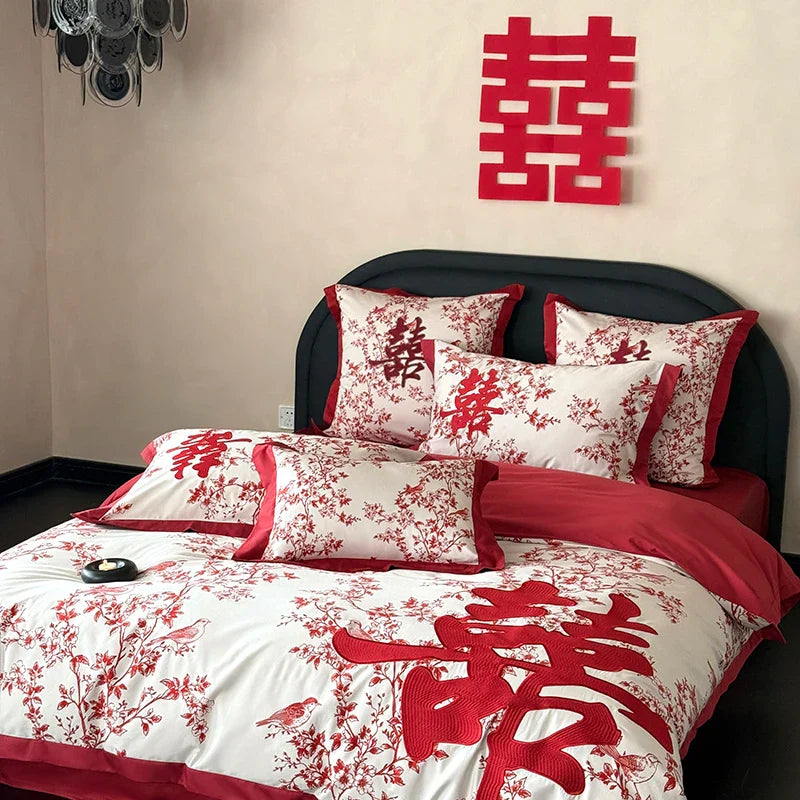 Afralia™ Luxury Red Egyptian Cotton Bedding Set, Queen King Ru Size Sheets & Duvet Cover