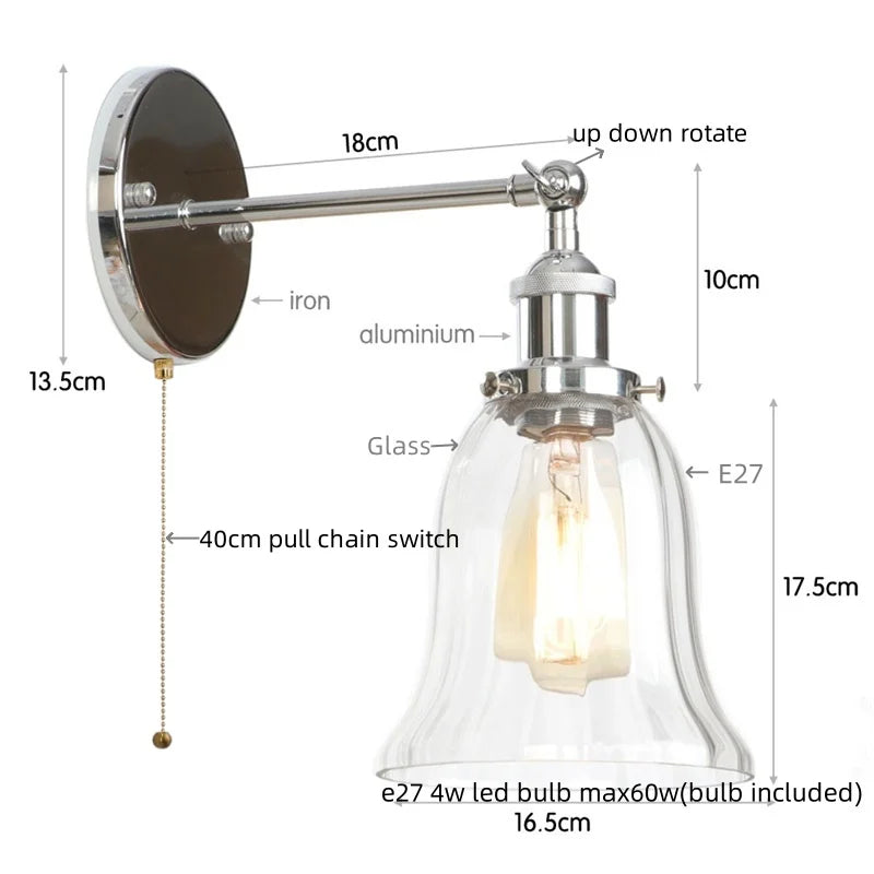 Afralia™ Vintage LED Wall Sconce Pull Chain Switch Glass Country Mirror Light