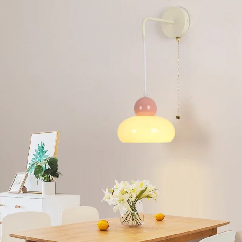 Afralia™ Iron Nordic LED Wall Light with Pull Chain Switch, Adjustable Glass Bedside Lamp