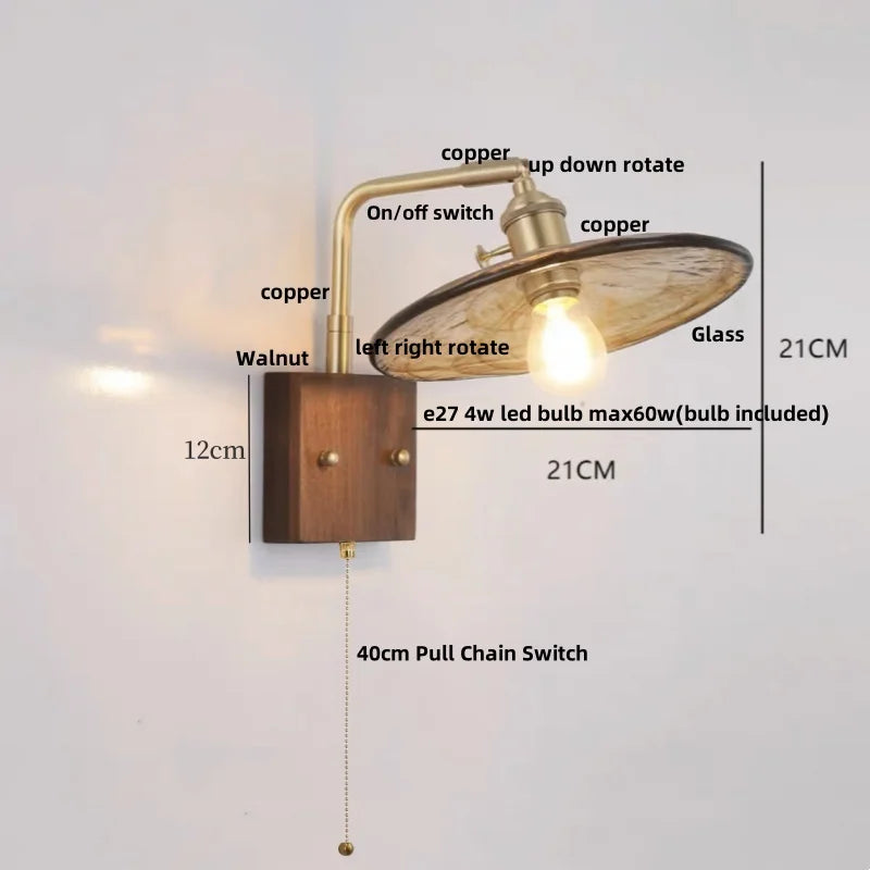 Afralia™ Walnut Wood LED Wall Lamp Sconce with Pull Chain Switch Rotation Mirror Light