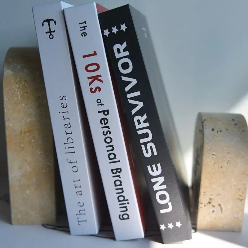 Afralia™ Beige Travertine Stone Bookends - Luxury Vintage Book Holder Decor