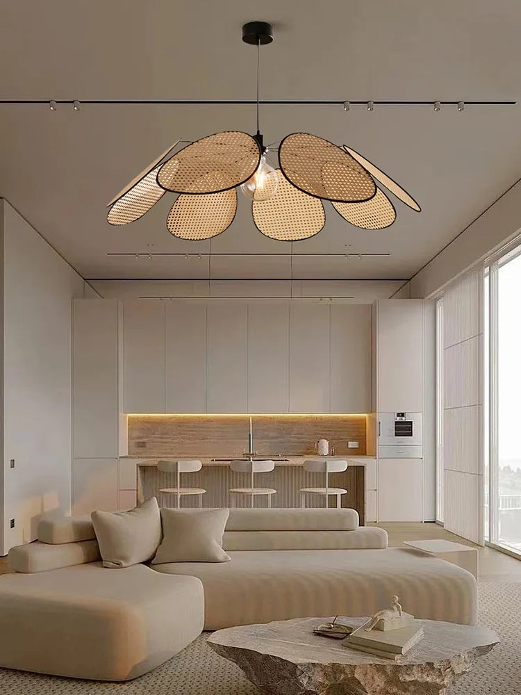 Afralia™ Leaf Grid Handmade Rattan Screen Chandelier for Modern Living Room and Bedroom