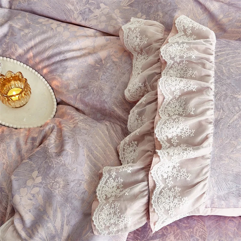 Afralia™ Purple Vintage Lace Ruffles Bedding Set with Egyptian Cotton Duvet Cover