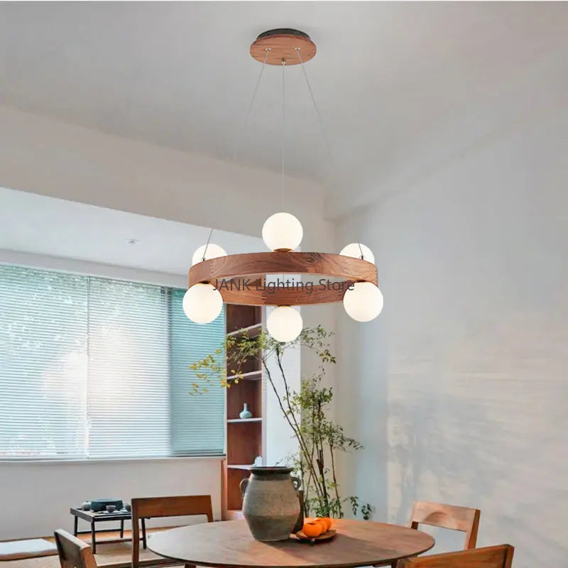 Afralia™ White Glass Ball Walnut Pendant Chandelier for Living Dining Room