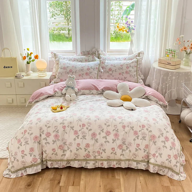 Afralia™ Princess Floral Cotton Bedding Set with Ruffled Edge