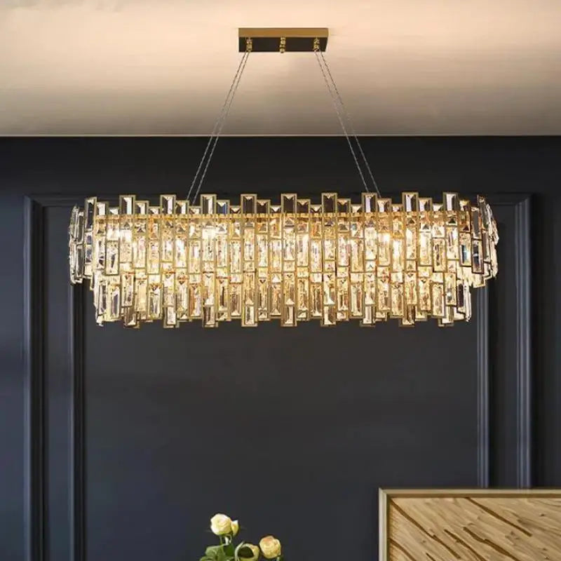 Afralia™ Gold Steel Crystal Pendant Chandelier - Luxury LED Dining Room Hanging Lamp