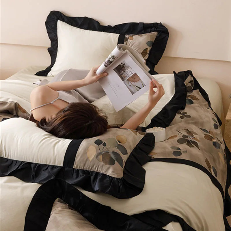 Afralia™ French Retro Rayon Silk Bedding Set with Lace - Summer Cooling Comforter Cover