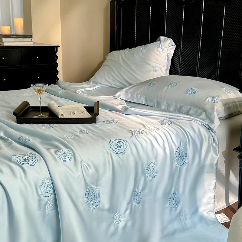 Afralia™ Eucalyptus Fiber Flower Embroidery Quilt Set with Bed Sheet & Pillowcase