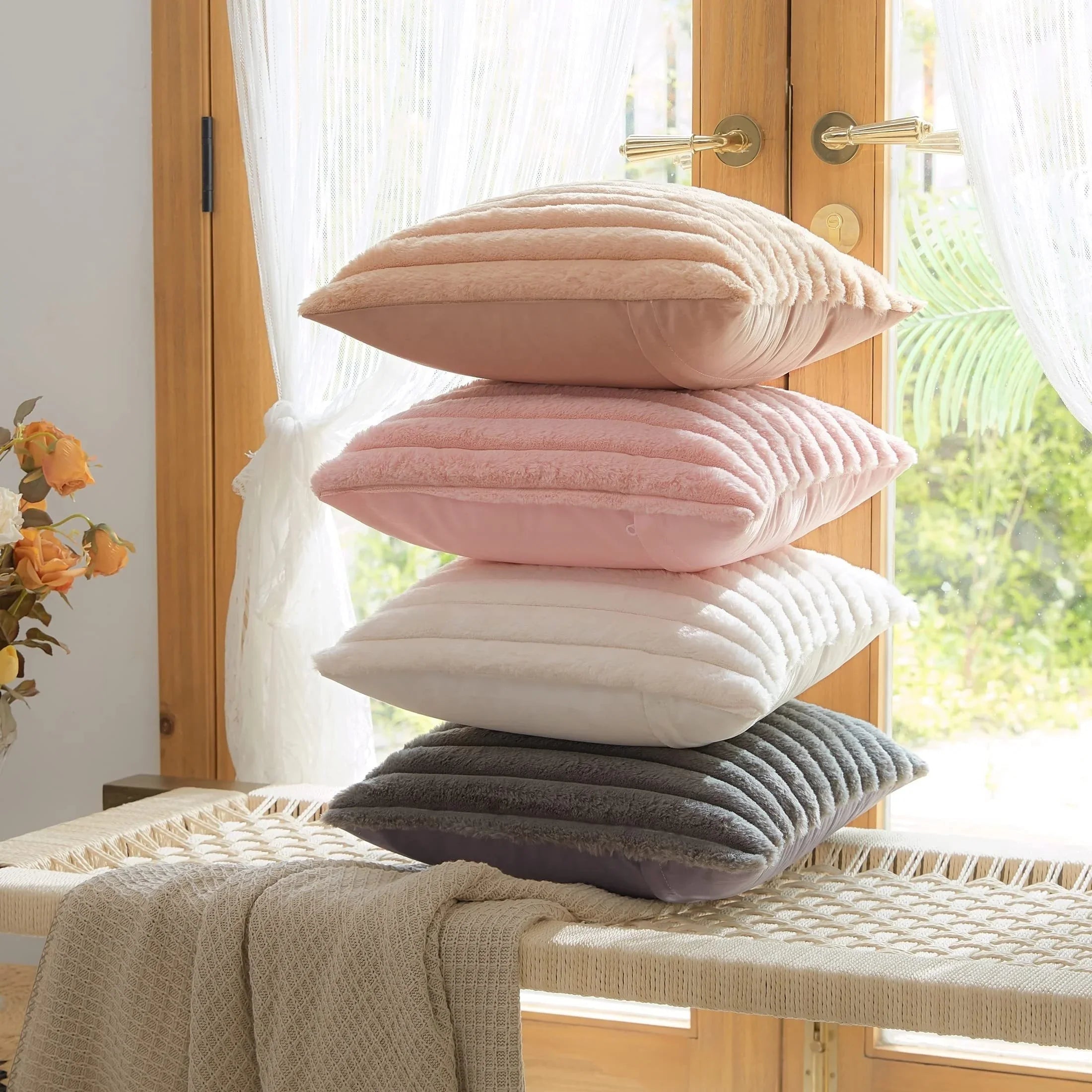 Afralia™ Faux Fur Striped Pink Throw Pillow Cover 18x18in for Home Decor