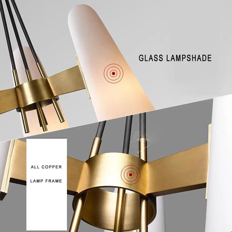 Afralia™ Gold Black LED Pendant Light for Duplex Staircase. Luxe Indoor Ceiling Fixture in Round White Glass.