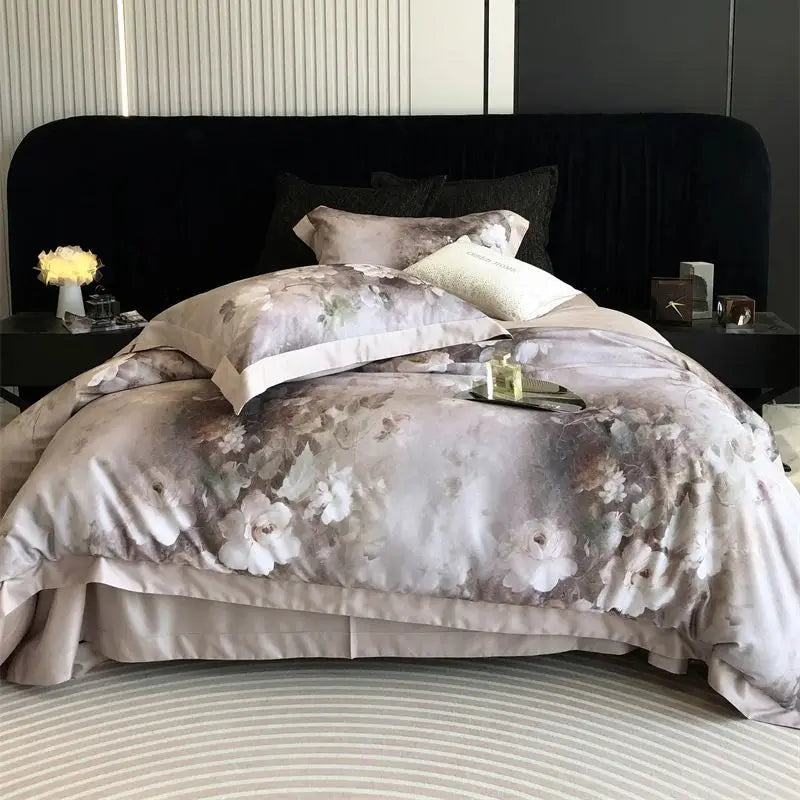 Afralia™ Flowers Pattern Brushed Bedding Set: Duvet Cover, Bed Sheet, Fitted Sheet, Pillowcase 4Pcs