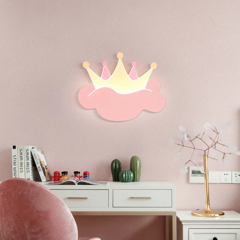 Afralia™ Pink Crown Wall Light for Bedroom Nursery Kids Children's Room Girl Wall Lamp