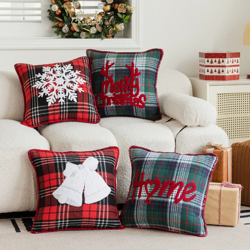 Afralia™ Plaid Christmas Embroidery Cushion Cover - Festive Home Decor