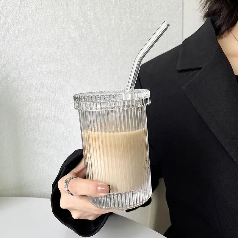 Afralia™ Glass Straw Cup Set | Japanese Style Coffee Tea Milk Cup with Lid