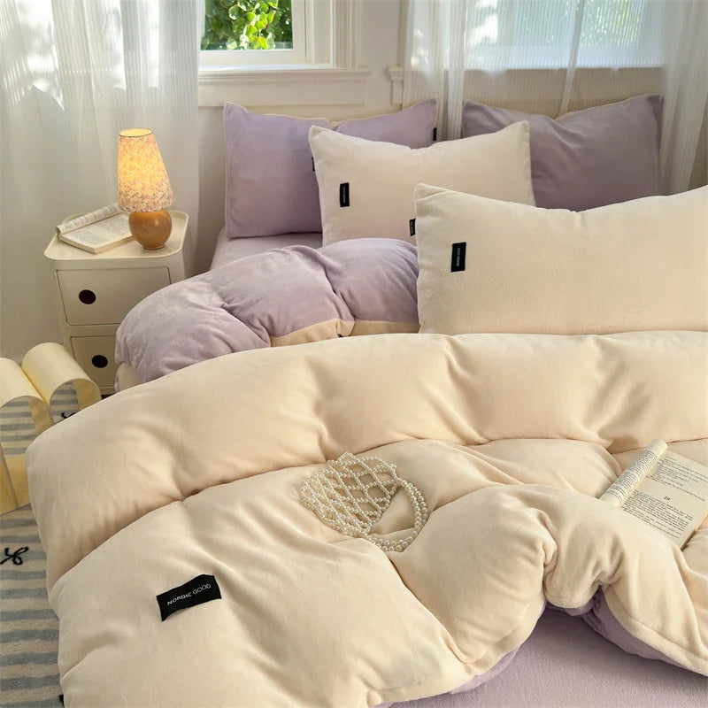 Afralia™ Coral Color Blocked Velvet Single Duvet Cover for Winter