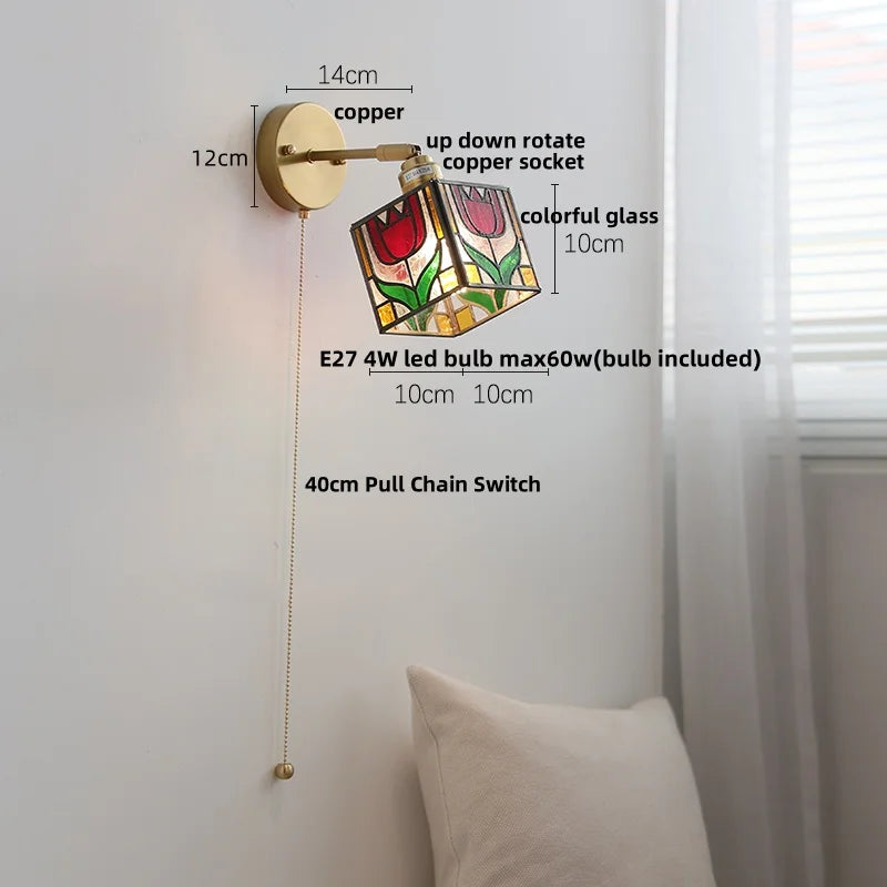 Afralia™ Colorful Square Glass LED Wall Lights with Pull Chain Switch, Tiffany Style