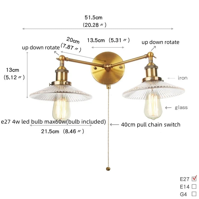 Afralia™ Glass 2-Light Wall Sconce with Pull Chain Switch for Bedroom and Bathroom