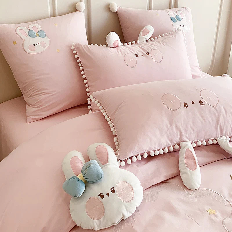 Afralia™ Cartoon Rabbit Moon Embroidery 100% Cotton Girls Bedding Set with Ball Edge