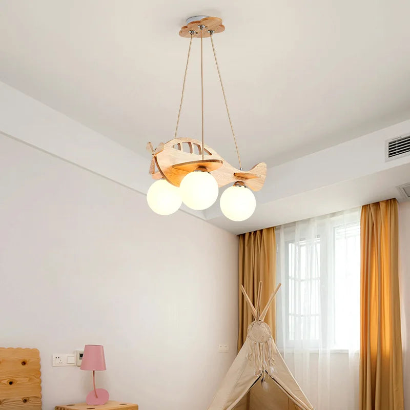 Afralia™ Kids Wood Airplane Chandelier LED Suspension Light for Boy's Bedroom