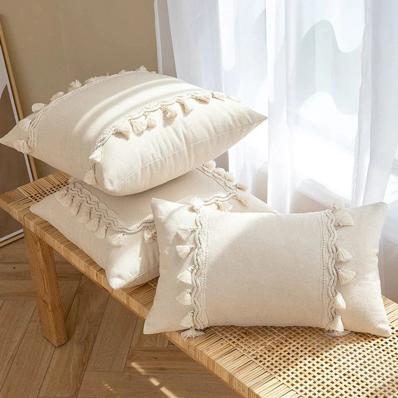 Afralia™ Morroco Beige Fringed Cushion Cover 30X50/45X45cm Handmade Cotton Weave Tassel Pillowcase