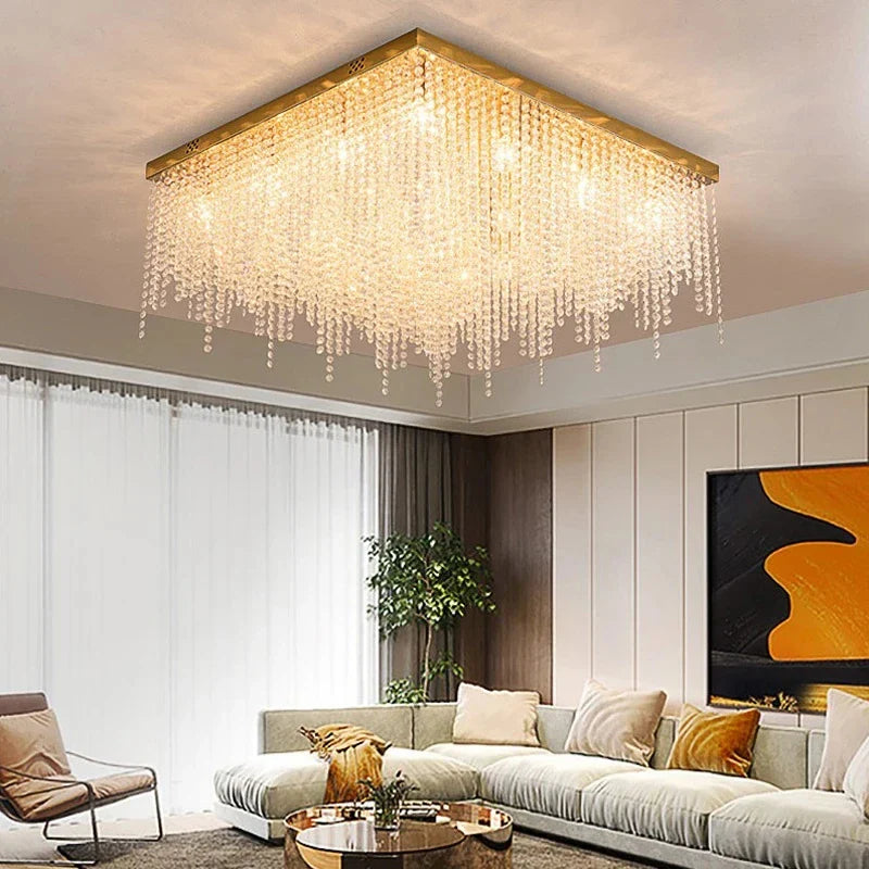 Afralia™ Luxe Crystal Beading Chandelier - Dimmable LED Gold Ceiling Light, Bedroom & Living Room Luxury Décor