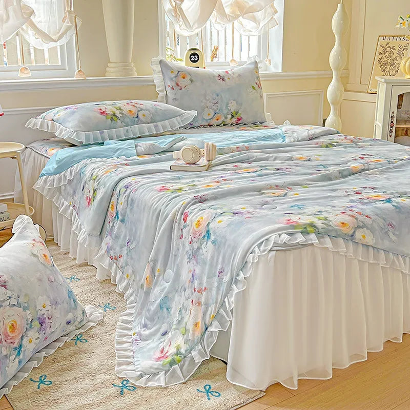 Afralia™ Floral Print Lace and Ruffle Summer Quilt: Skin-Friendly, Breathable Comforter