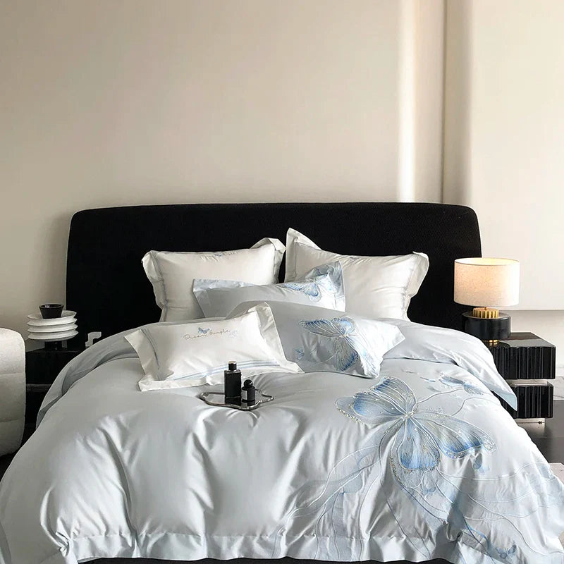 Afralia™ White Luxury Butterfly Embroidery Bedding Set - Queen King Size