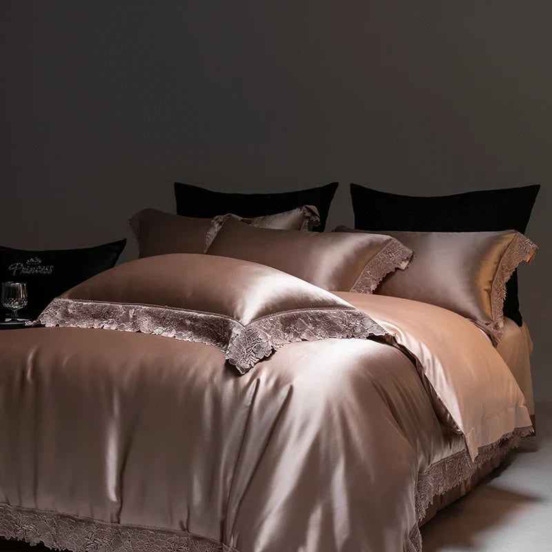 Afralia™ Luxe French Lace Edge Bedding Set: Silky Lyocell Cotton Duvet Cover, Sheet & Pillowcases