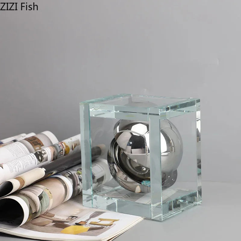 Afralia™ Geometric Silver Block Crystal Ball Desk Decoration - Modern Abstract Art Room Decor