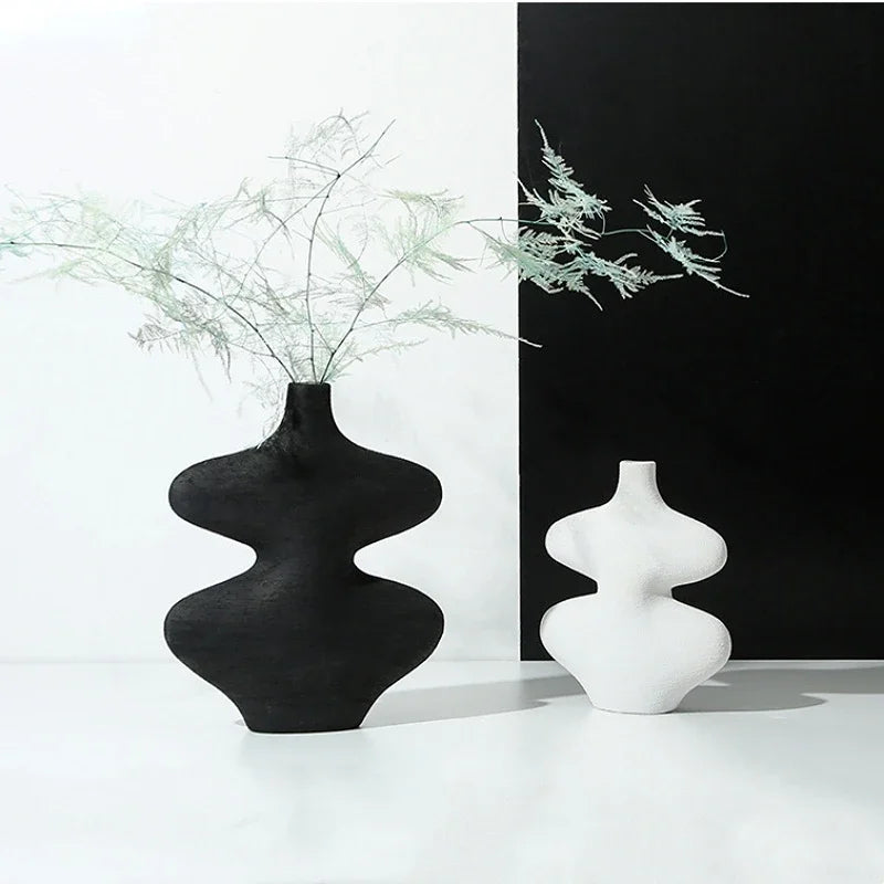 Afralia™ Geometric Ceramic Vase Set Black White Crafts Home Decor Flower Arrangement