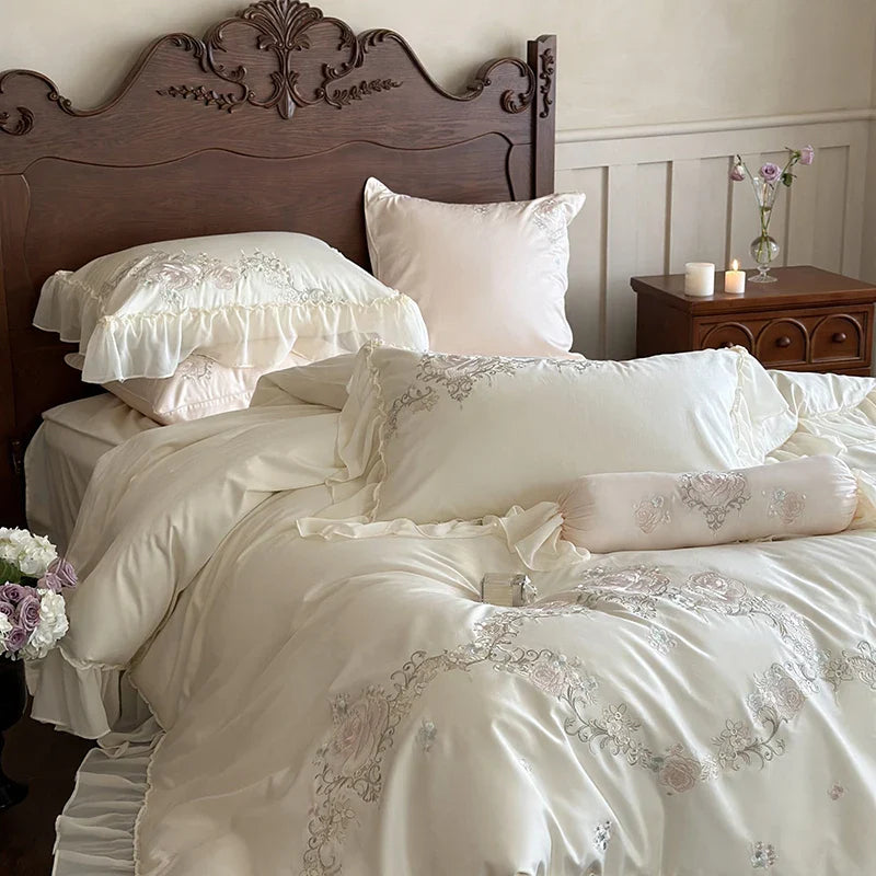 Afralia™ Luxury Flowers Embroidery Bedding Set Queen King Size 1000TC Egyptian Cotton