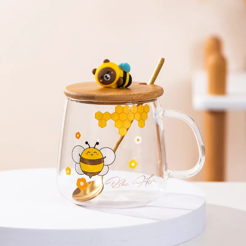 Afralia™ Bee Glass Spoon Milk Cup Breakfast Coffee Mug with Lid