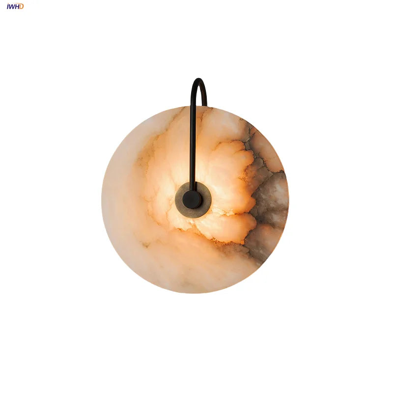 Afralia™ Nordic LED Wall Sconce Black Iron Round Marble Light Fixture