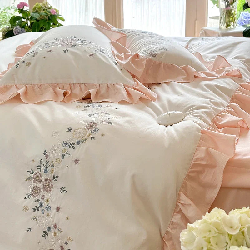 Afralia™ Korean Princess Lace Ruffles Flowers Embroidery Bedding Set with 100% Cotton Quality.