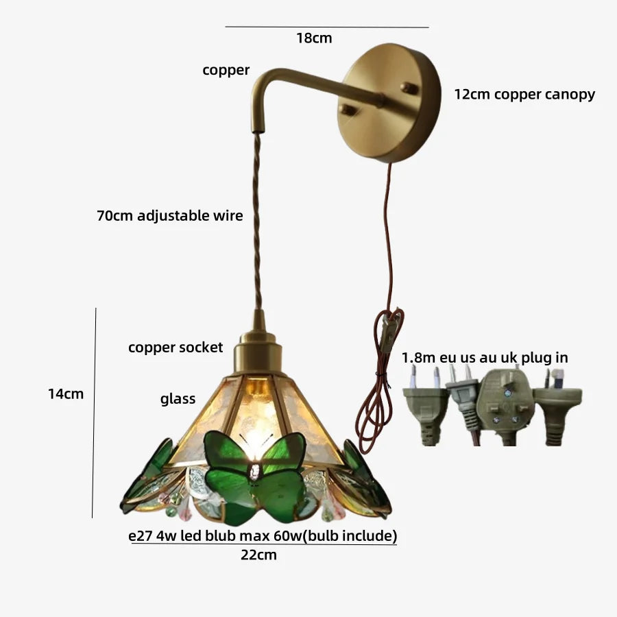 Afralia™ LED Butterfly Glass Wall Lamp Sconce with Pull Chain Switch
