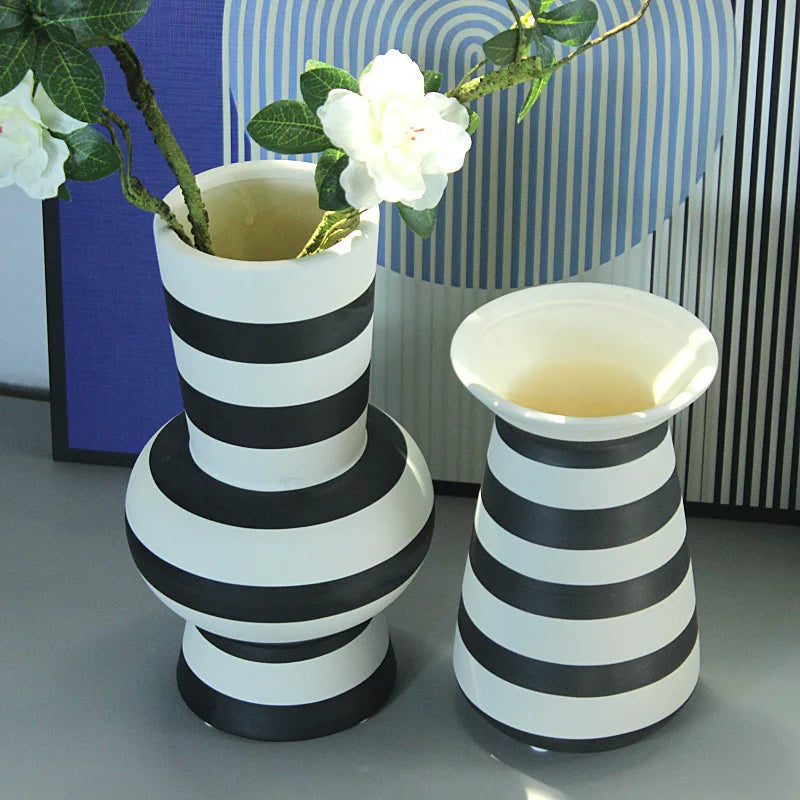 Afralia™ Striped Ceramic Vase: Geometric Black & White Hydroponic Flower Arrangement