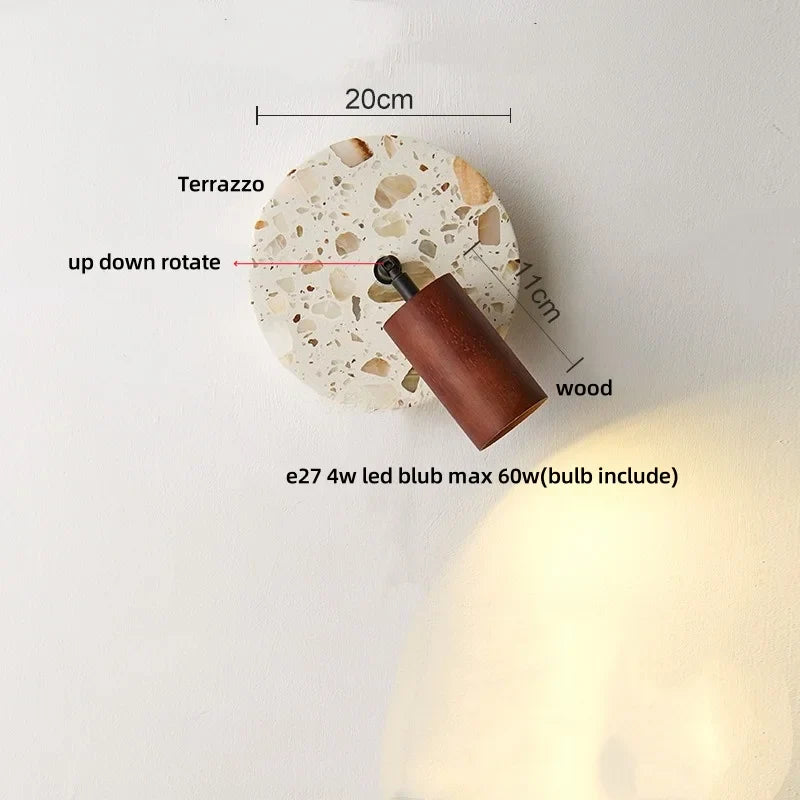 Afralia™ Terrazzo LED Wall Lights Iron Rotate Pull Chain Switch Wood Bedside Lamp