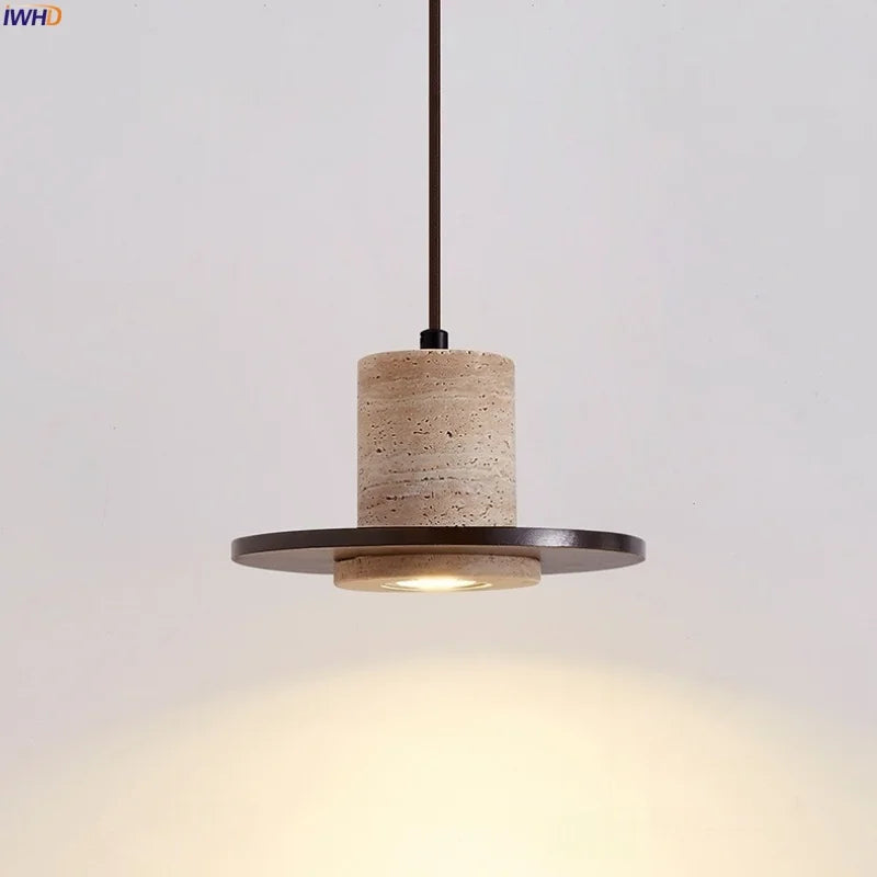 Afralia™ Stone Wood LED Pendant Lights Yellow Travertine Vintage Hanging Lamp