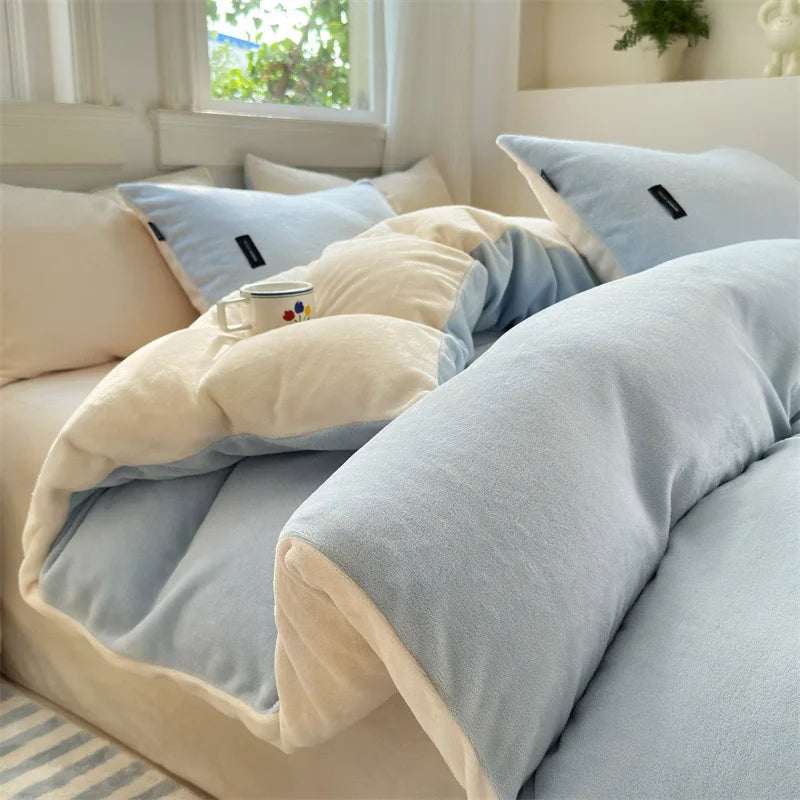 Afralia™ Coral Color Blocked Velvet Single Duvet Cover for Winter