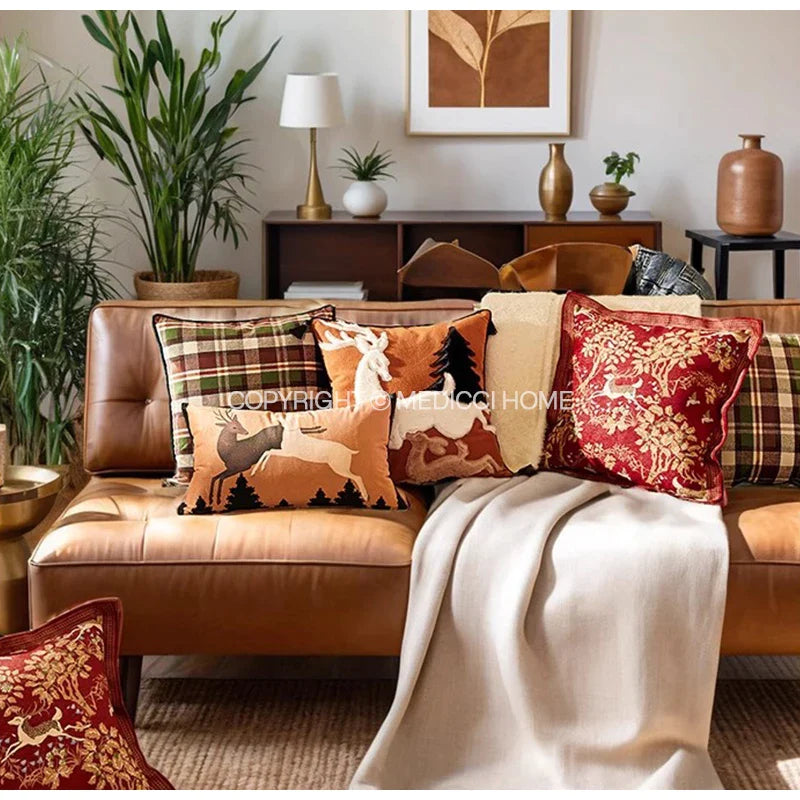 Afralia™ Handmade Reindeer Applique Embroidery Christmas Cushion Cover - Festive Xmas Holiday Decor