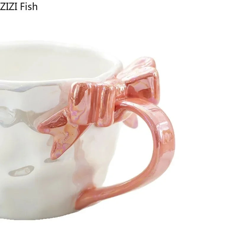 Afralia™ Bowknot Handle Porcelain Coffee Mug Set - Pearl Glazed Tea Cup Juice Cup