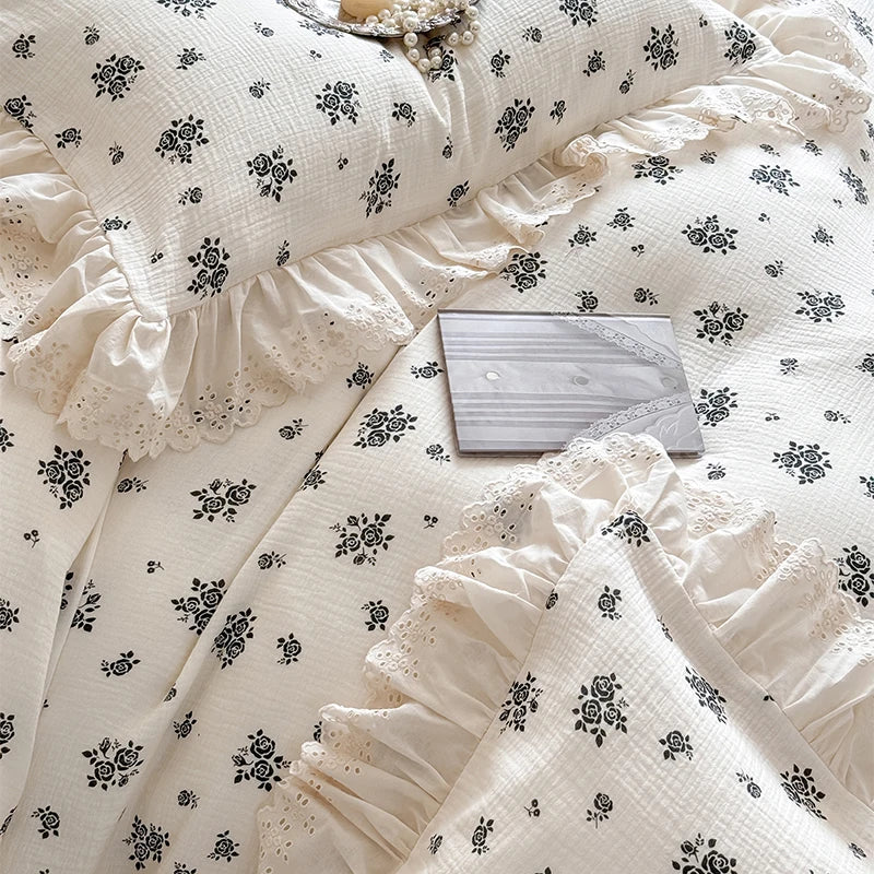 Afralia™ French Lace Ruffles Floral 100% Cotton Bedding Set with Duvet Cover, Sheet, Pillowcases