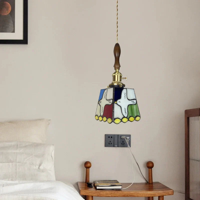 Afralia™ Peace Dove Tiffany Style Glass Pendant Lamp with LED, Copper Knob Switch