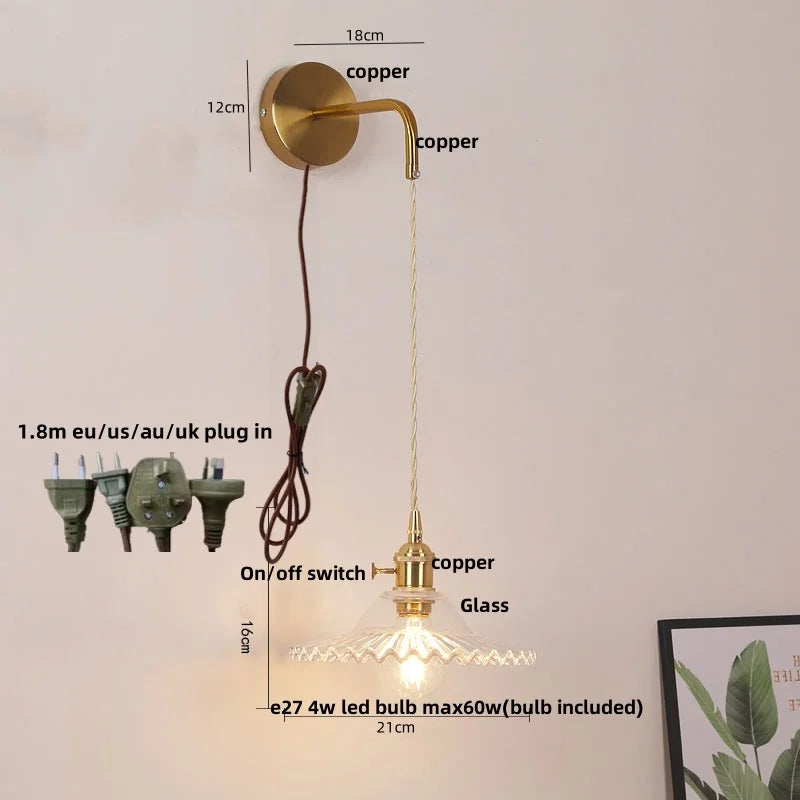 Afralia™ Copper LED Glass Wall Sconce with Pull Chain Switch for Living Dining Room
