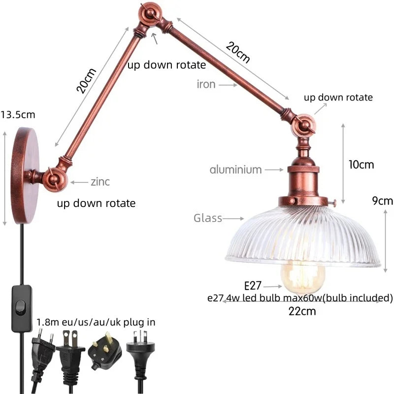 Afralia™ Swing Arm LED Wall Lights Pull Chain Switch Glass Ball Industrial Home Decor