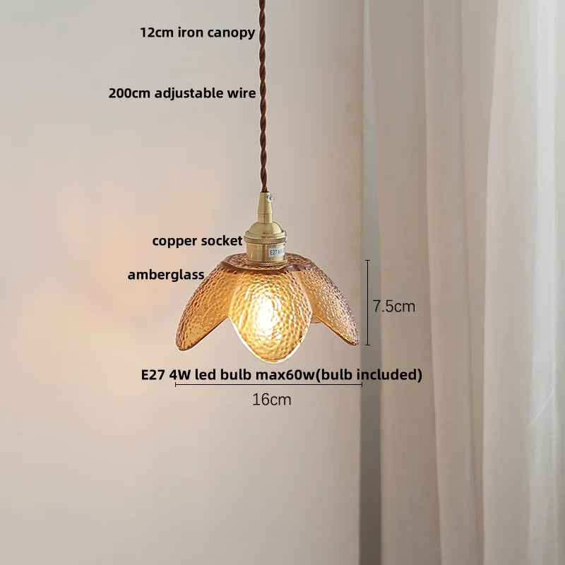 Afralia™ Amber Glass LED Pendant Light Fixture Nordic Modern Copper Hanging Lamp