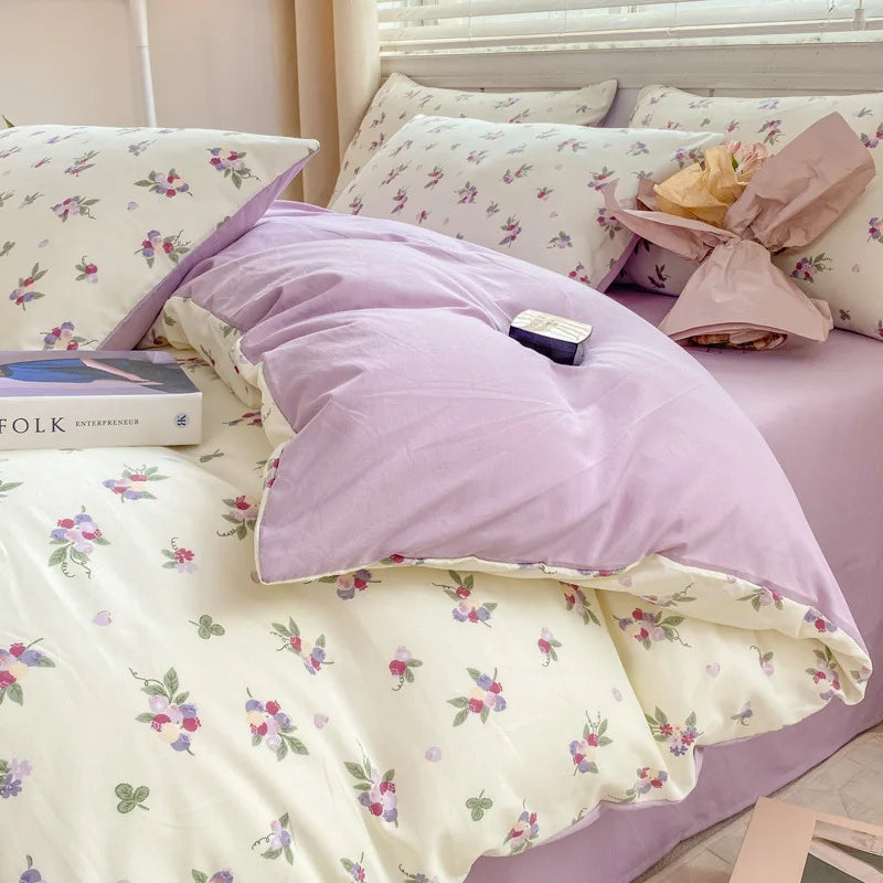 Afralia™ Cartoon Heart Floral Print Duvet Set with Bed Sheet & Pillowcases